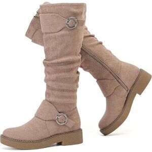 Women's Man Made Leather Beige Mf 261 Knee High Flat Tall Zipped Round Toe Boot